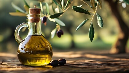 Vibrant display of fresh olive oil and ripe olives on a rustic background