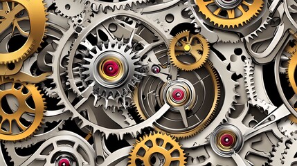 Close-up of intricate clockwork gears, a complex mechanical system with silver and gold gears.