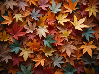 カエデ・紅葉した赤・緑・紫・オレンジの葉がボードの上に散らばって敷き詰められている　Maple leaves in red, green, purple, and orange autumn colors are scattered and spread across the board