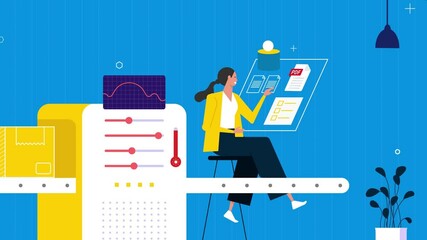 Wall Mural - analytics and data science animated graphics. analytics and data science. moving banner with woman a