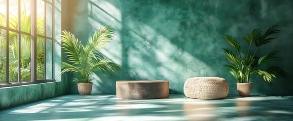 Canvas Print - Minimalist green room with sunbeams, two wooden podiums, and potted plants, perfect for product displays.