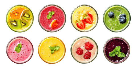 Wall Mural - Set of colorful fruit smoothies in glass jars, isolated on transparent cutout background