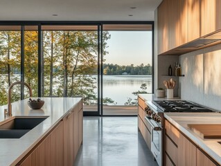 A kitchen with a large window overlooking a lake. The kitchen has a sink, stove, and oven