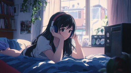 Anime girl in her room listening to music with headphones on her bed. Lo Fi scene