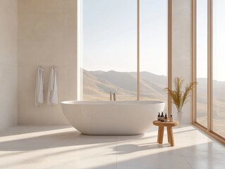 Wall Mural - A large white bathtub sits in a bathroom with a view of mountains. A wooden stool is placed next to the tub