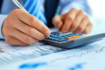 Wall Mural - A businessman using a calculator while analyzing financial reports at a desk in a modern office