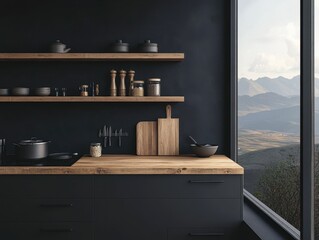 Wall Mural - A kitchen with a window and a wooden counter. The counter has a wooden cutting board and a bowl. There are several pots and pans on the stove