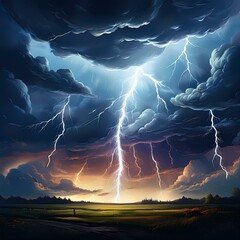 Powerful lightning bolts illuminate dark storm clouds over a field, creating a dramatic and intense scene during sunset.