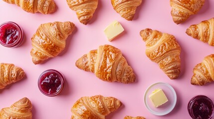 Wall Mural - A delightful arrangement of croissants, butter, and jam on a pink background.