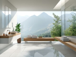 Sticker - A bathroom with a large window overlooking a mountain. The bathroom has a sink, a bathtub, and a bench