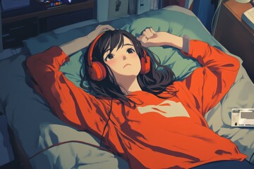 Anime girl in her room listening to music with headphones on her bed. Lo Fi scene