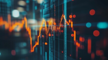 Visual representation of financial data trends with vibrant orange and blue lines on a digital screen at night