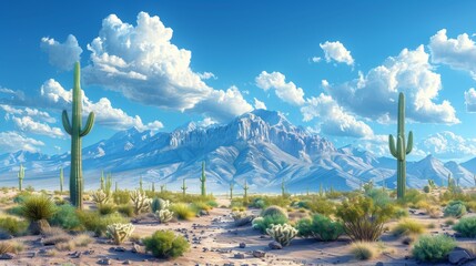 Canvas Print - Desert Landscape with Majestic Mountains and Saguaro Cacti