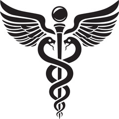 Caduceus health silhouette vector icon in black and white, featuring two wings emerging from the top of a staff, Caduceus health logo vector.