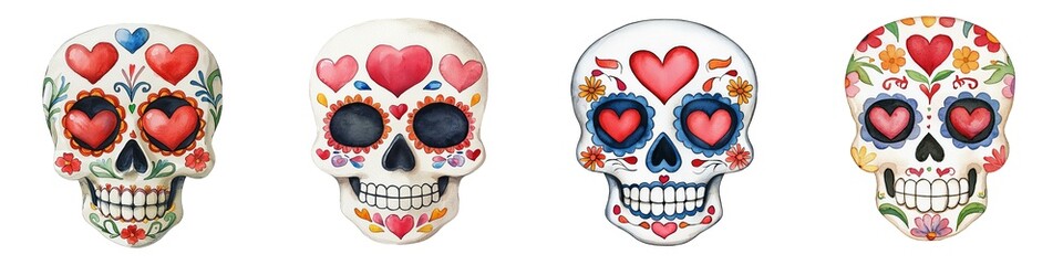 Colorful decorative skulls with hearts on a white isolated background.