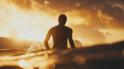 Poster - A surfer rides a wave at sunset, creating a silhouette against a fiery sky.