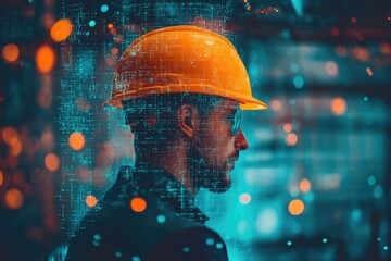 A construction worker in a hard hat with a digital overlay. This image represents the concept of technology and innovation in the construction industry.