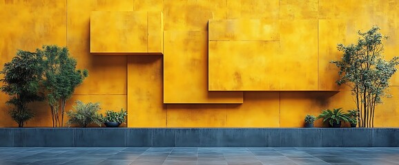 Wall Mural - A yellow wall with geometric shapes and plants.