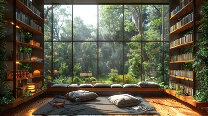 Wall Mural - Cozy Reading Nook with a View of the Lush Forest