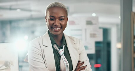 Sticker - Business, black woman and face in office with arms crossed for confidence in creative career and professional pride. Interior designer, female employee or portrait at workplace with smile or ambition