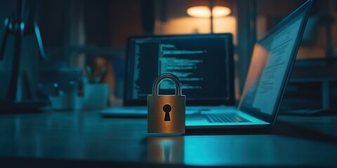 A padlock placed in front of a laptop displaying code, symbolizing data security, encryption, and protection in a dimly lit office environment