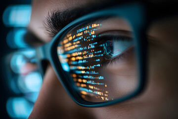 focus on eye close-up view. Focused developer coder wears glasses working on computer looking at programming code data cyber security digital tech reflecting in spectacles developing software program.