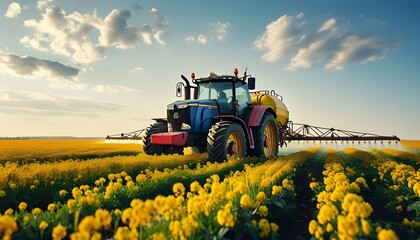 Heavy tractor applying agricultural chemicals in a vibrant yellow crop field