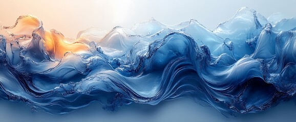 Poster - Abstract blue and gold water waves flowing and creating a landscape.