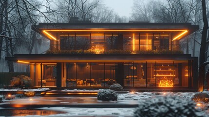 Modern house with warm lighting and snow covered ground. AI generative. .