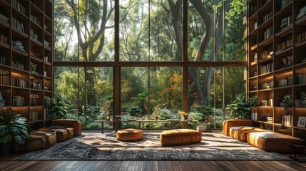 Wall Mural - Library with Large Windows Offering a View of Lush Greenery