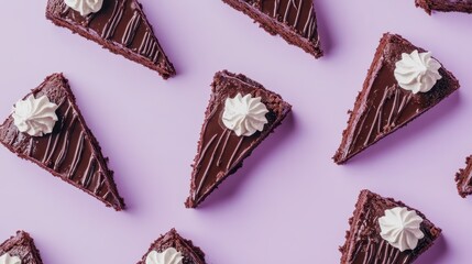 Wall Mural - A flat lay of chocolate cake slices with whipped cream on a pastel background.