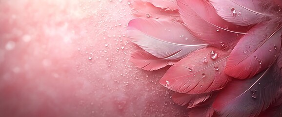 Poster - Pink feathers with water drops on a pink background.