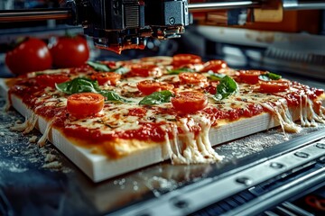 Delicious pizza with tomatoes and basil, freshly cooked on a modern kitchen countertop.