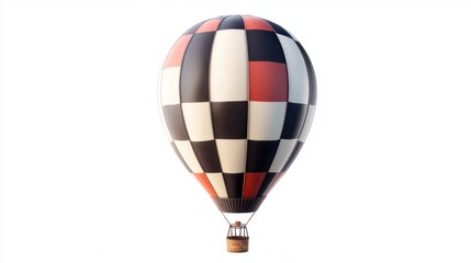 Stylized hot air balloon with a checkerboard pattern floating on white background.