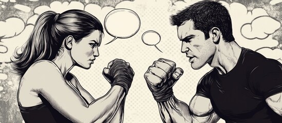 Arm wrestling illustration featuring a man and a woman with speech bubbles in black and white tones