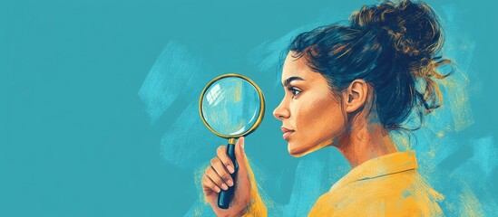 Illustration of a woman with a magnifying glass representing the search for investment opportunities business growth and market research for financial success and future development