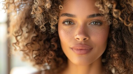 Individual portrait of a confident woman with curly hair