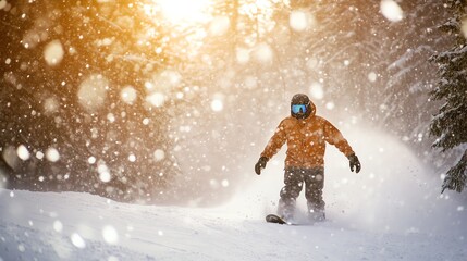 Wall Mural - A snowboarder rides through the snow in a forest.