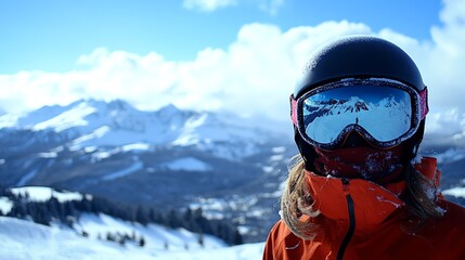 Wall Mural - A person wearing a ski helmet and goggles stands on a snowy mountaintop, with a stunning view of the peaks in the distance.