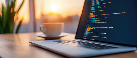 Coding at Sunset, a laptop displaying colorful code sits beside a steaming coffee cup with warm sunlight streaming through a window, creating a cozy workspace atmosphere.