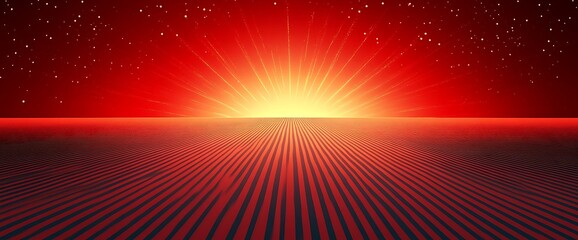 Canvas Print - Abstract Red Sunrise with Glowing Light and Striped Horizon.