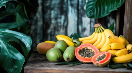 Fresh and Vibrant Wooden Table Displaying Ripe Papaya and Green Guava for Healthy Lifestyle Promotion