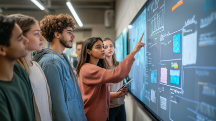 A group of young innovators using digital whiteboards to brainstorm future projects in a lab