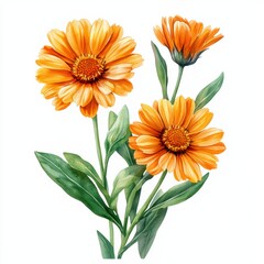 Wall Mural - beautiful orange flowers with green leaves, white isolated background.