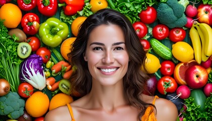 Radiant smile of a woman amidst a vibrant display of fresh fruits and vegetables