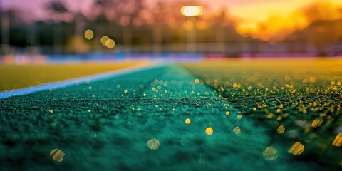 Wall Mural - Close-up of a hockey field, vibrant green turf with defocused particles in the evening light