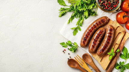 Delicious plant based sausages are beautifully arranged on wooden board, surrounded by fresh herbs, tomatoes, and spices, creating vibrant and appetizing scene