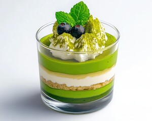 A layered green dessert with matcha, whipped cream, and blueberries, garnished with mint leaves, presented in a clear glass.