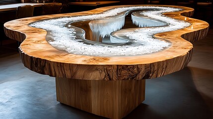 A wooden table with a clear epoxy resin frozen river design, white and silver particles embedded in the resin to mimic ice, the resin winding through the natural wood grain like a frozen stream,