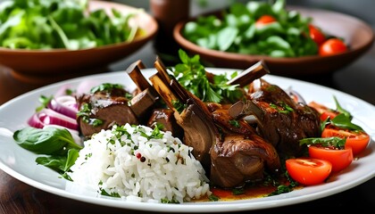 Hearty lamb dish with rice, fresh tomatoes, onions, herbs, and a vibrant side salad showcasing delicious cultural cuisine and healthy ingredients.